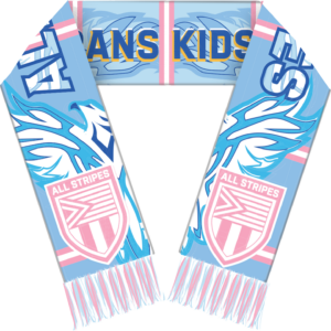Image of a soccer scarf with the phrase "Let Trans Kids Play" on one side and "All Stripes" on the other.